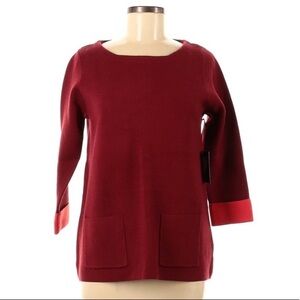 Cynthia Rowley size M burgundy w orange cuffs zip up A-line 3/4 sleeve sweater